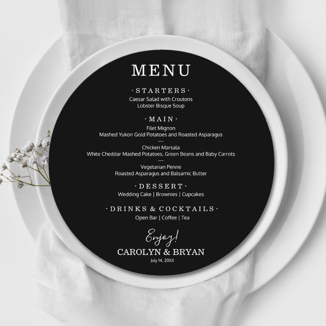 Simple Elegant Black Round Wedding Dinner Menu (Creator Uploaded)