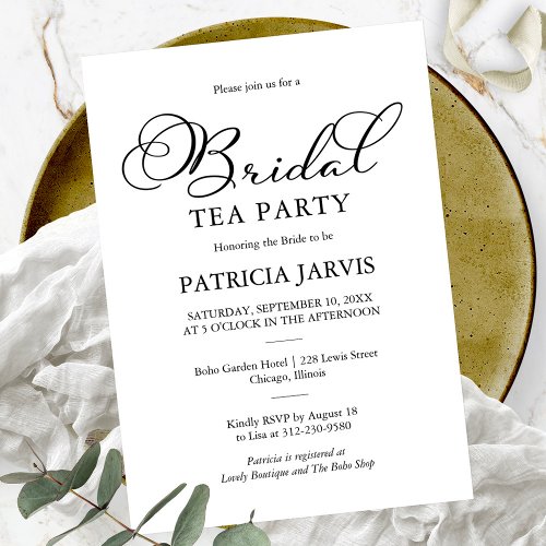 Simple Elegant Black Script Bridal Tea Party Invitation