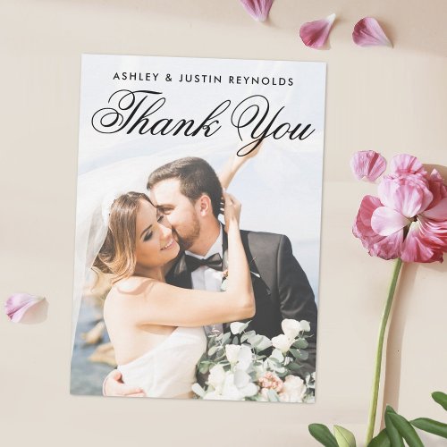 Simple Elegant Black Script Custom Photo Wedding Thank You Card