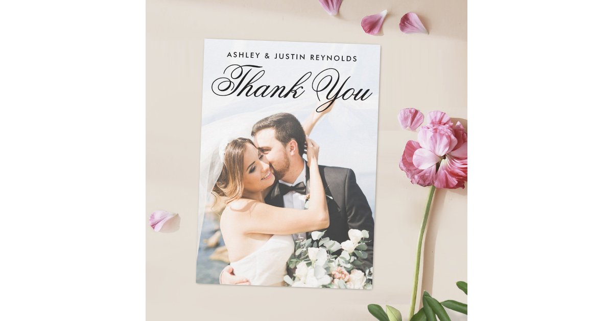 Simple Elegant Black Script Custom Photo Wedding Thank You Card | Zazzle