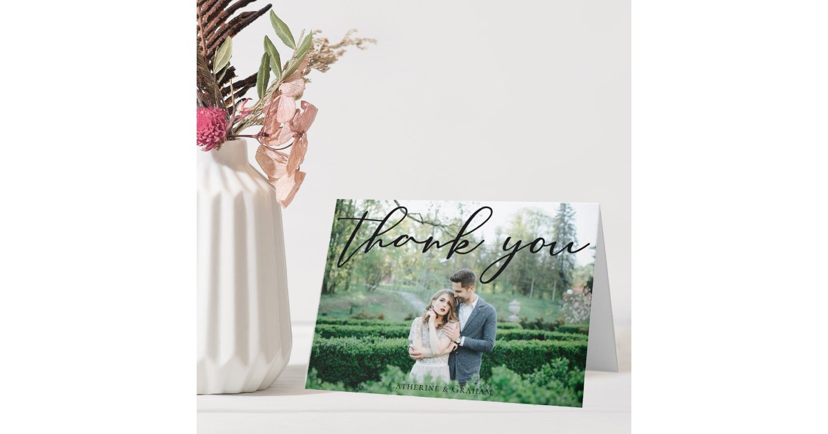 Simple Elegant Black Script Modern 3 Wedding Photo Thank You Card | Zazzle