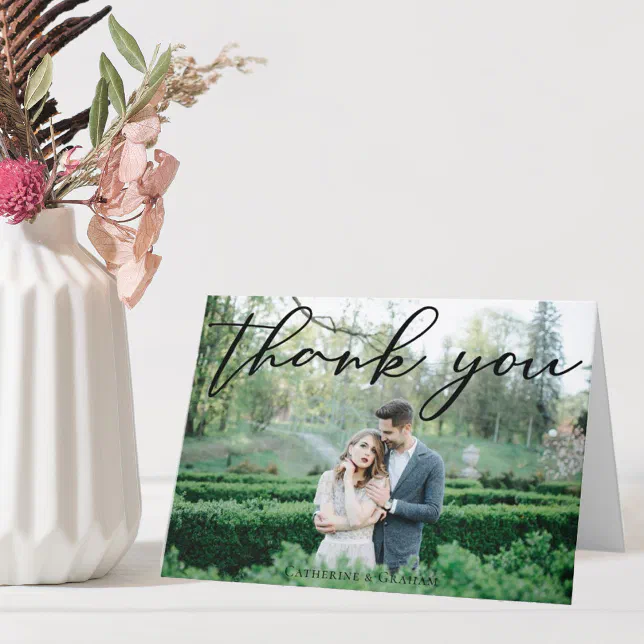 Simple Elegant Black Script Modern 3 Wedding Photo Thank You Card | Zazzle