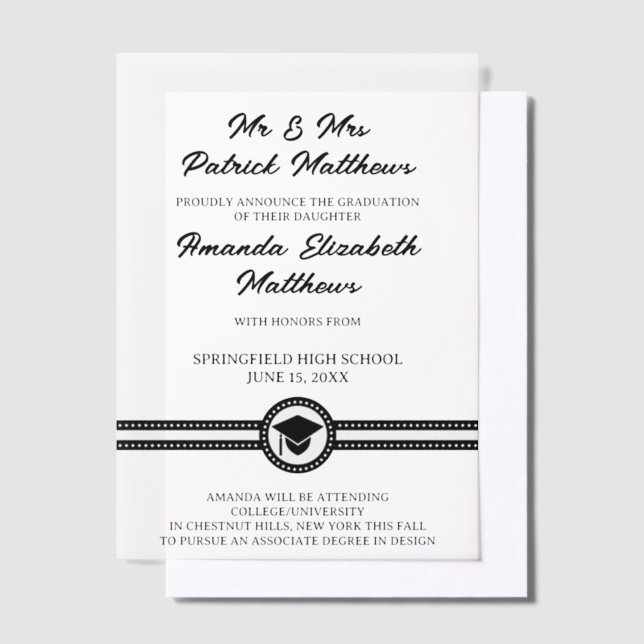 Simple Elegant Black Script Modern Graduation Vellum Invitations (Offset)