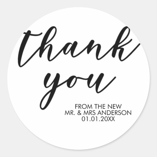 Simple Elegant Black Script Thank You Wedding Classic Round Sticker (Front)