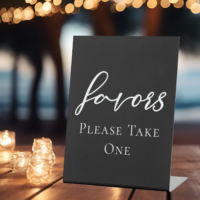 Simple Elegant Black Typography Wedding Favors Pedestal Sign (Creator Uploaded)
