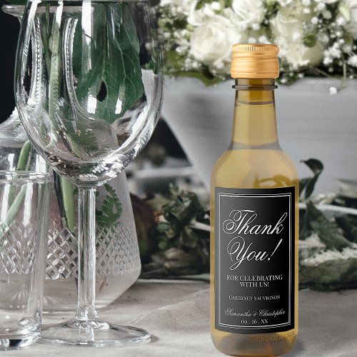 Simple Elegant Black Wedding Thank You Mini Wine Label