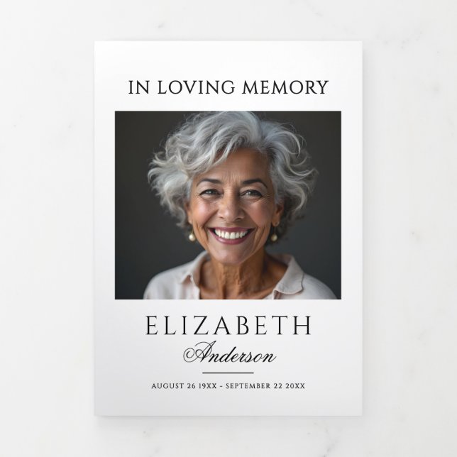 Simple Elegant Black & White 2-Photo Funeral Tri-Fold Program (Cover)