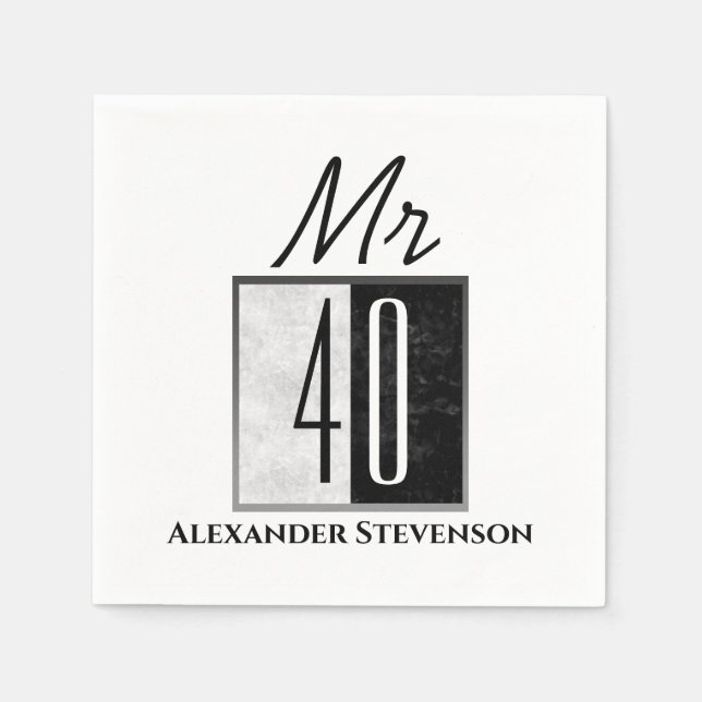 Simple Elegant Black & White 40th Birthday Party Napkins (Front)