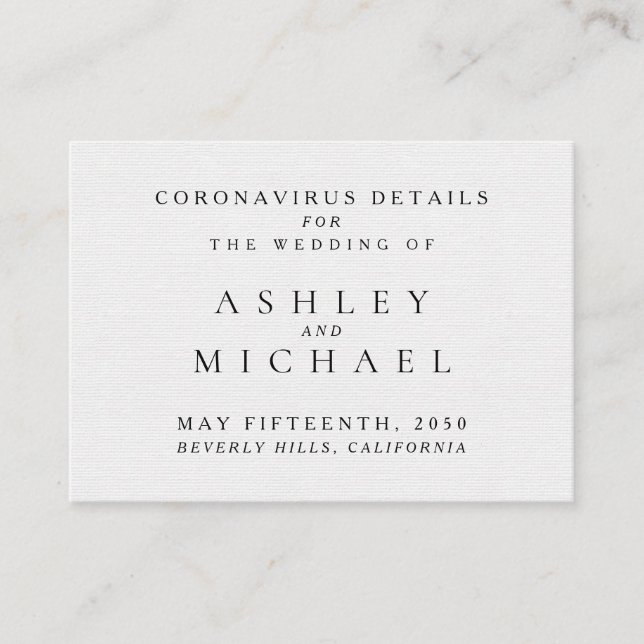 Simple Elegant Black & White Coronavirus Details Enclosure Card (Front)