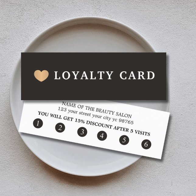 Simple Elegant Black White Faux Gold Heart Loyalty Card (Creator Uploaded)