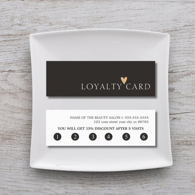 Simple Elegant Black White Faux Gold Heart  Loyalty Card (Creator Uploaded)