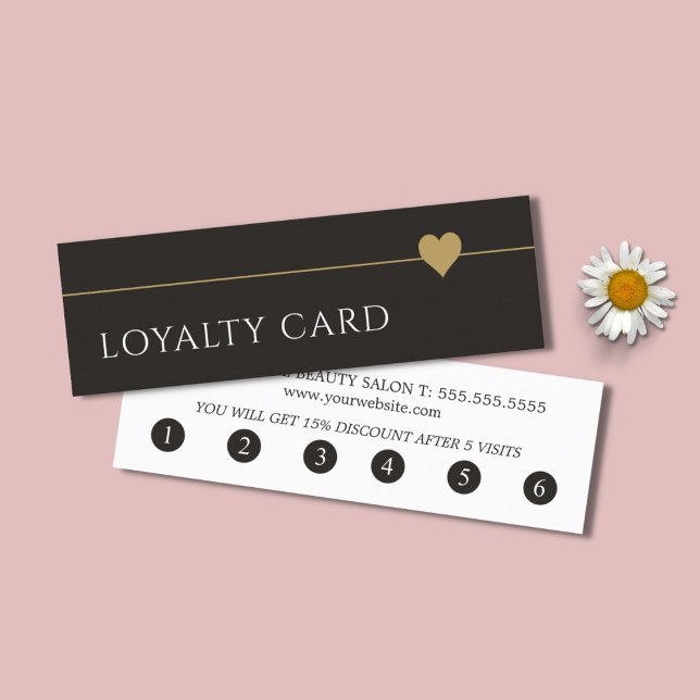 Simple Elegant Black White Faux Gold Heart Loyalty Card (Creator Uploaded)