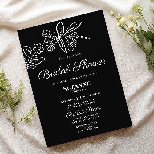 Simple elegant black white floral Bridal Shower Invitation