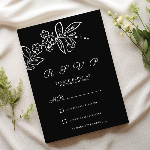 Simple elegant black white floral RSVP Invitation