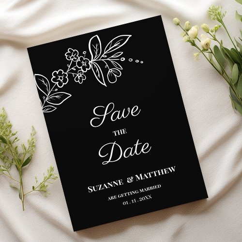 Simple elegant black white floral Save the Date Invitation