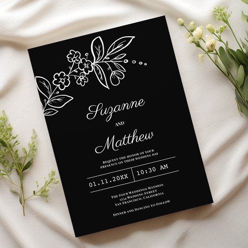 Simple elegant black white floral wedding invitation
