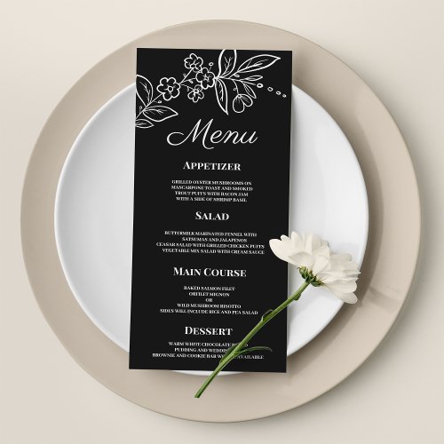 Simple elegant black white floral  Wedding Menu