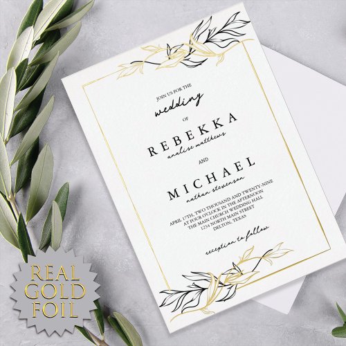 Simple Elegant Black White Foliage Wedding Real  Foil Invitation