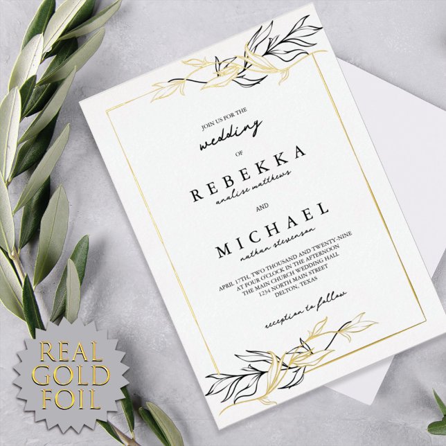 Simple Elegant Black White Foliage Wedding Real  Foil Invitation (Creator Uploaded)