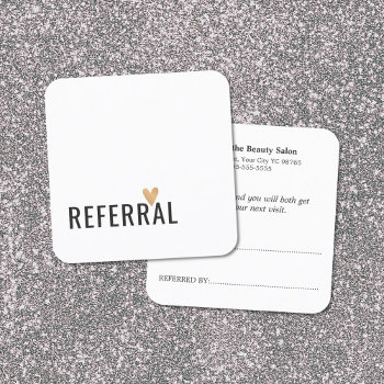 Simple Elegant Black White Gold Heart Referral Card by pro_business_card at Zazzle
