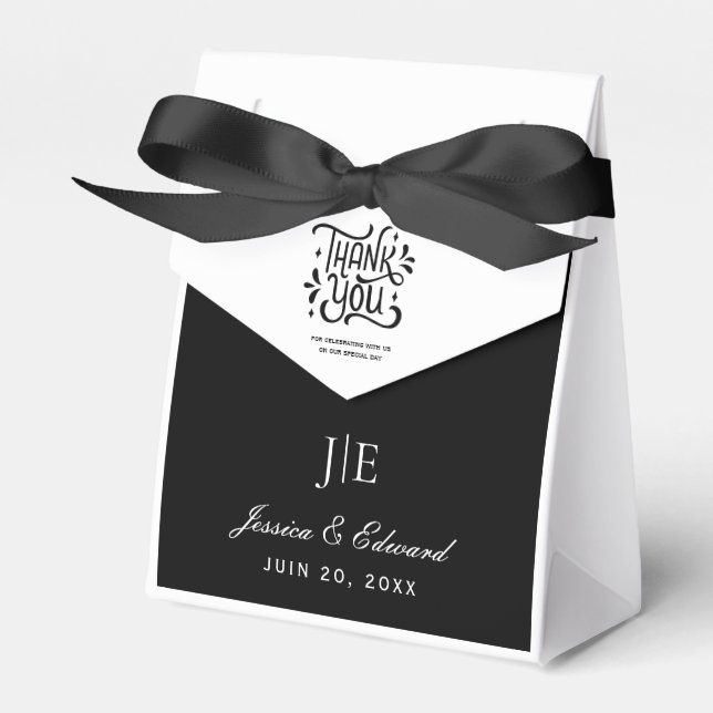 Simple Elegant Black White Modern Minimal Script Favor Boxes (Front Side)