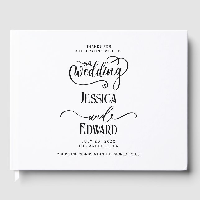 Simple Elegant Black White Modern Minimal Script Guest Book (Front)