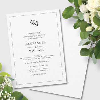 Simple Elegant Black White Modern Monogram Wedding Invitation by WittyBetty at Zazzle