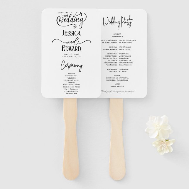 Simple Elegant Black White Modern Wedding Program Hand Fan (Front and Back)