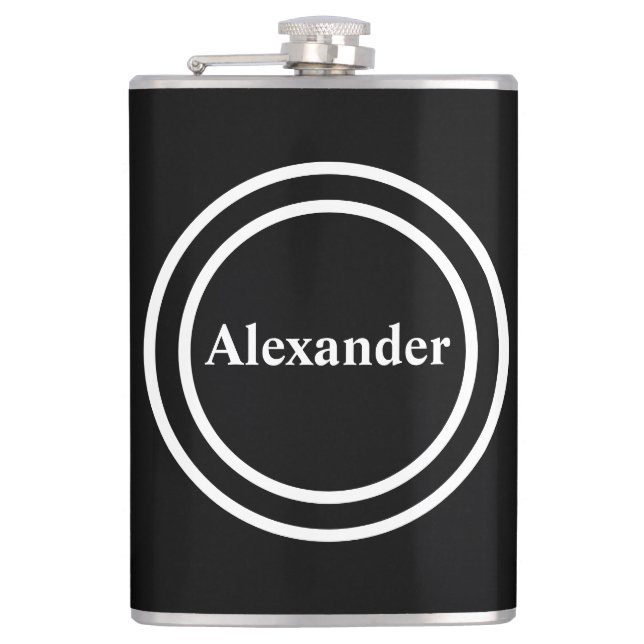 Simple Elegant Black White Monogram Monogrammed Fl Flask (Front)