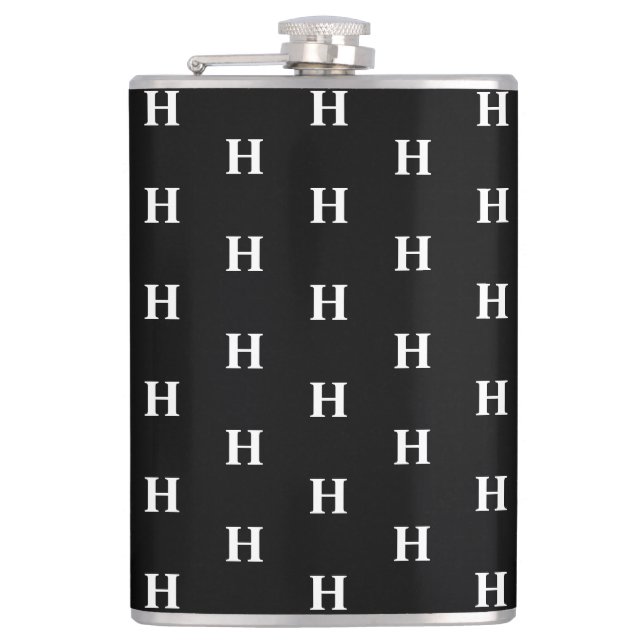 Simple Elegant Black White Monogram Monogrammed Flask (Front)
