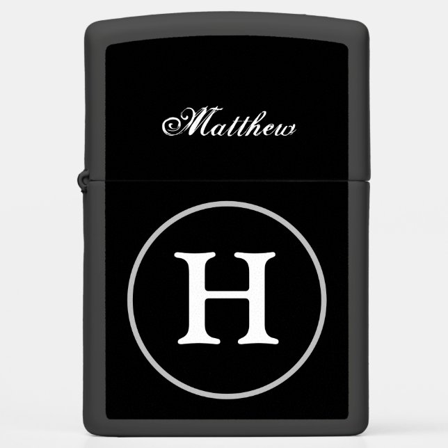 Simple Elegant Black White Monogram Monogrammed Zippo Lighter (Front)