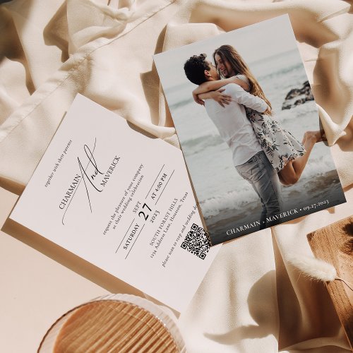 Simple Elegant Black  White Photo QR Code Wedding Invitation