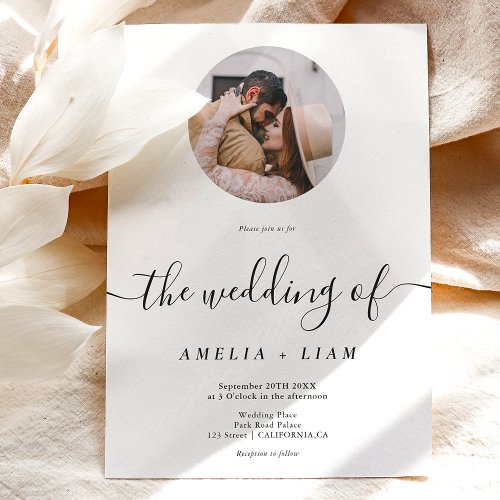 Simple elegant black white photo script wedding invitation