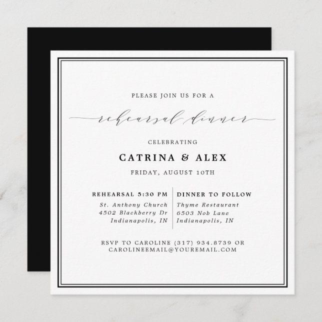 Simple Elegant Black & White Rehearsal Dinner Invitation (Front/Back)
