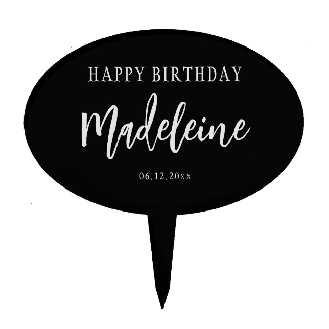 Simple Elegant Black White Script Happy Birthday Cake Topper (Front)