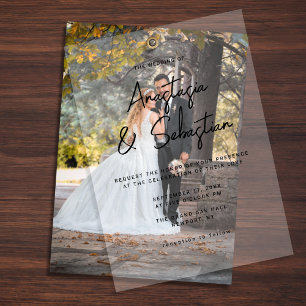 Simple Elegant Black & White Script Photo Wedding Vellum Invitations