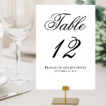 Simple Elegant Black & White Script Wedding Table Number<br><div class="desc">These table number cards will make it easy for your guests to find their tables at your wedding reception. The design is simple yet elegant, with the title (Table) and the number in fancy script lettering. At the bottom is space for the names of the couple and the wedding date....</div>