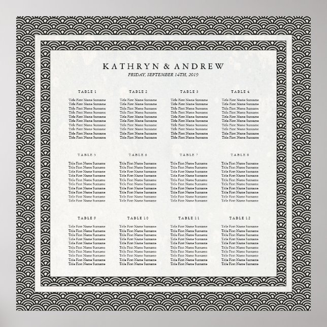 Simple Elegant Black+White Seigaiha Seating Chart (Front)