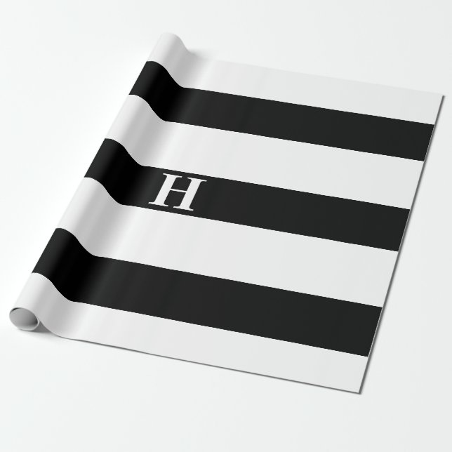 Simple Elegant Black White Stripes Simple Monogram Wrapping Paper (Unrolled)