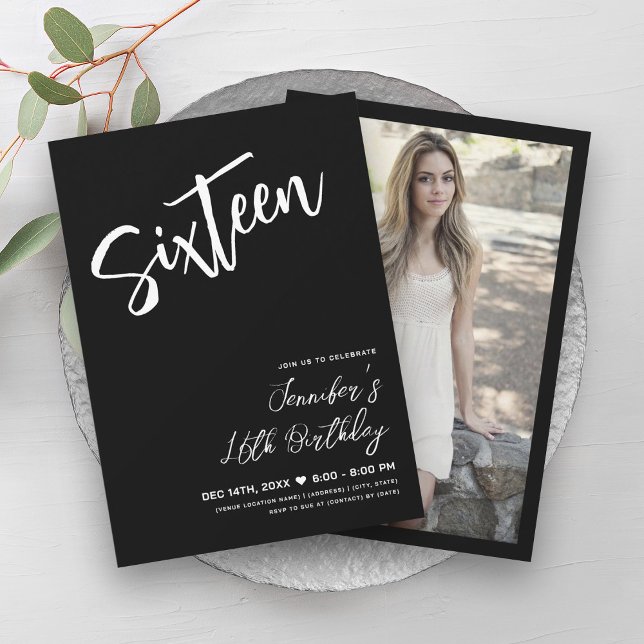 Simple Elegant Black White Sweet 16 Script  Invitation (Simple Elegant Black White Sweet 16 Script Invitation)