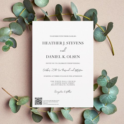 Simple Elegant Black White Typography QR Wedding Invitation