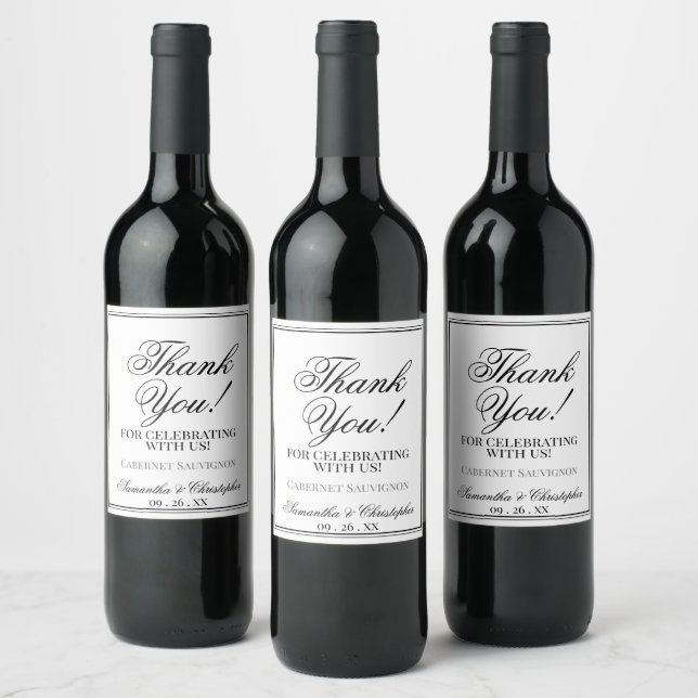 Simple Elegant Black & White Wedding Thank You Wine Label (Bottles)