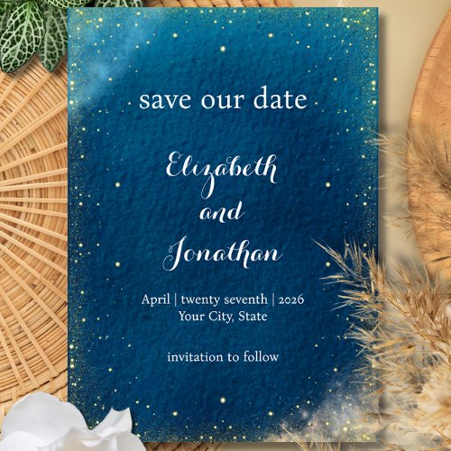Simple Elegant Blue and Gold Wedding Save the Date Invitation