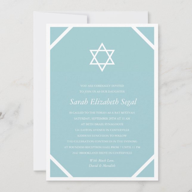 Simple Elegant Blue Bat Mitzvah Invitation (Front)