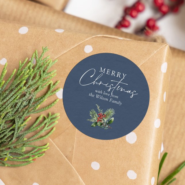 Simple Elegant Blue Christmas Greenery Classic Round Sticker (Creator Uploaded)