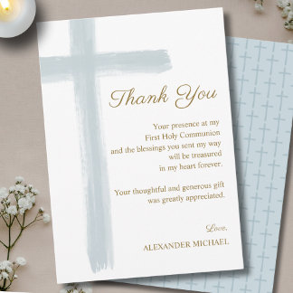 Simple Elegant Blue Cross First Holy Communion  Thank You Card