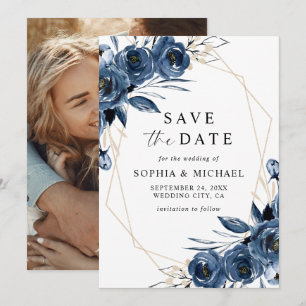 Simple Elegant Blue Floral Script & Photo Wedding  Save The Date