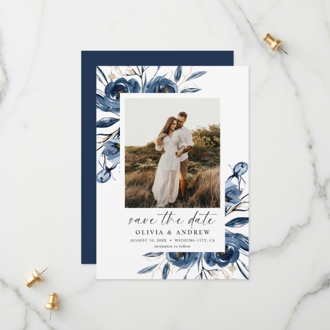 Simple Elegant Blue Floral Script & Photo Wedding  Save The Date (Front/Back In Situ)