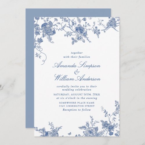 Simple Elegant Blue French Garden Floral Wedding Invitation