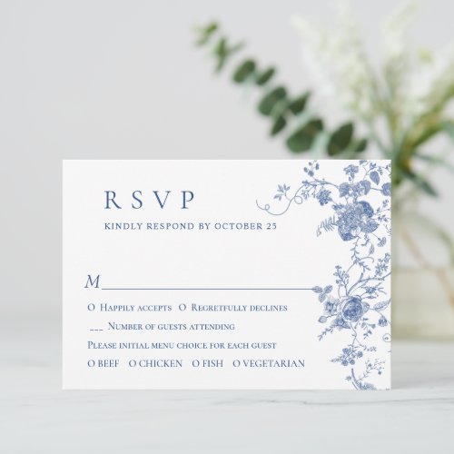 Simple Elegant Blue French Garden Floral Wedding RSVP Card